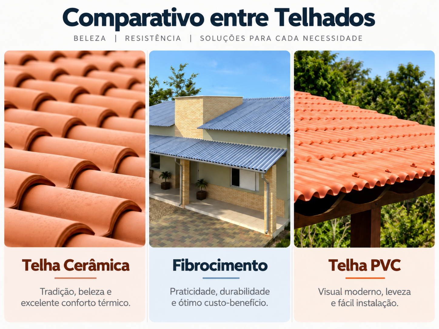 Comparativo entre telhados de cerâmica, fibrocimento e PVC